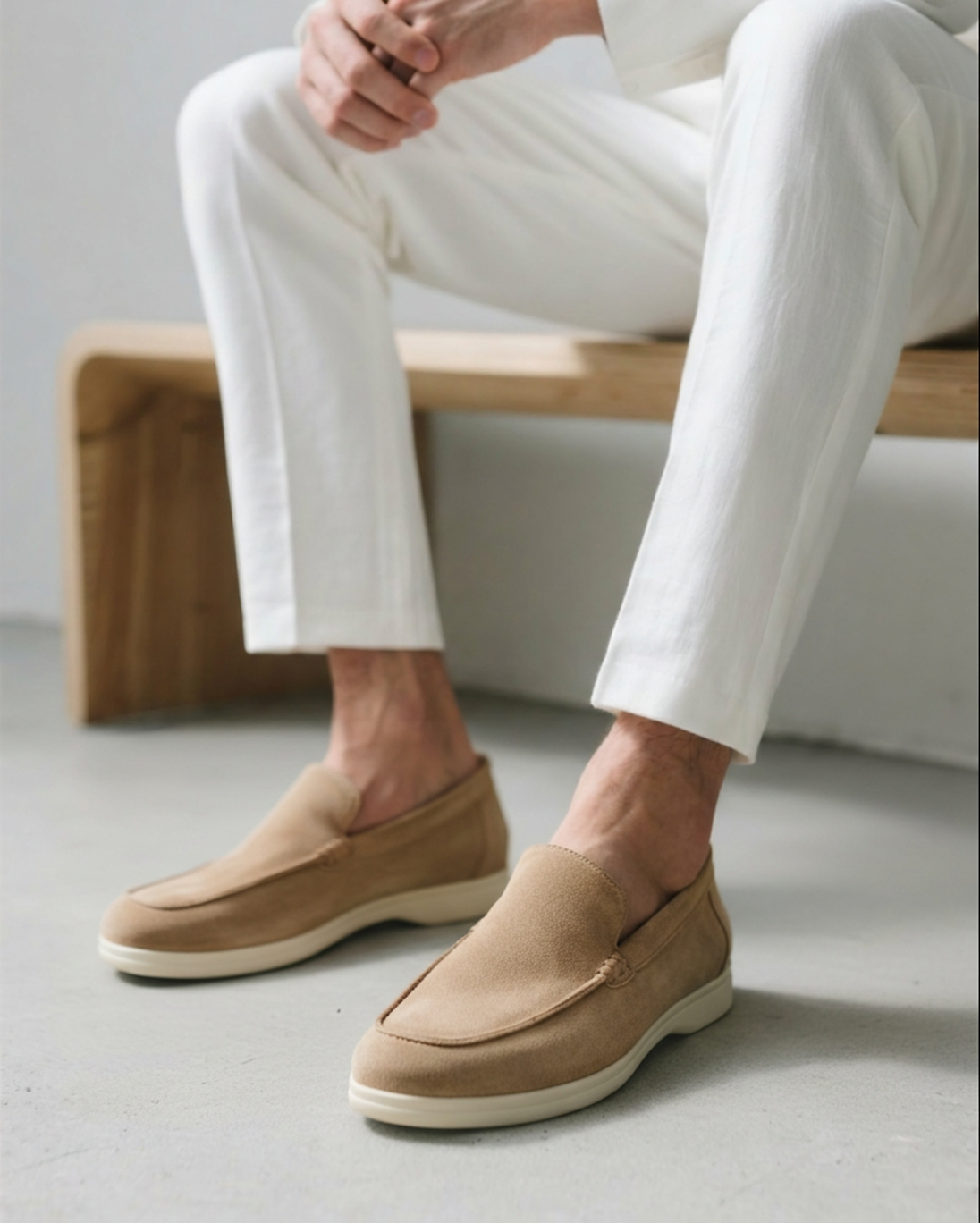 Cream suede moccasins by Villa Bellucci, Montaracrest, featuring a soft texture and classic slip-on design.