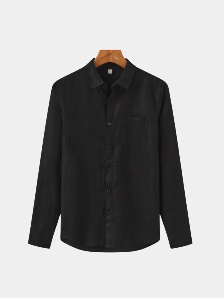 Light beige linen coast shirt by Montaracrest with a cross crown embroidery, featuring a relaxed fit and casual style.