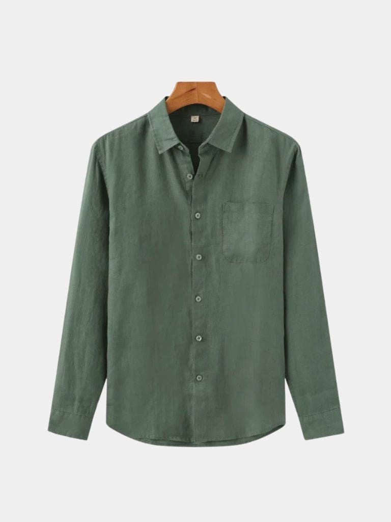 Montaracrest linen shirt with a coast design, featuring a cross crown motif on a casual, lightweight linen fabric.