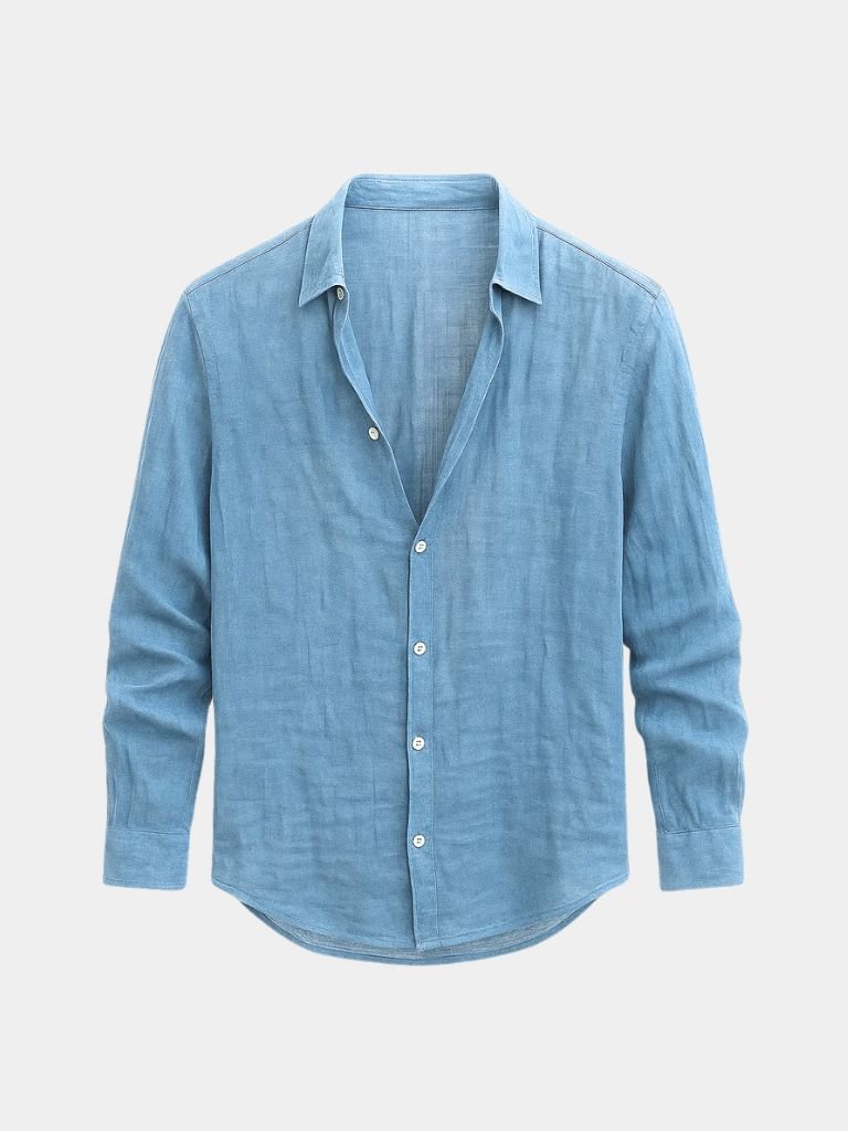 Light beige linen summer shirt by Montaracrest with a cross crown embroidery, perfect for casual warm-weather wear.