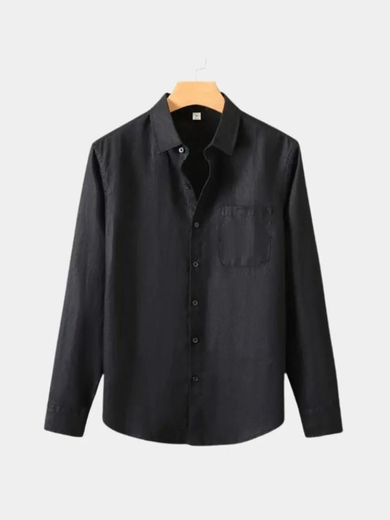 Montaracrest long-sleeve linen shirt with a classic design, featuring a collar and button closure for a casual, elegant look.