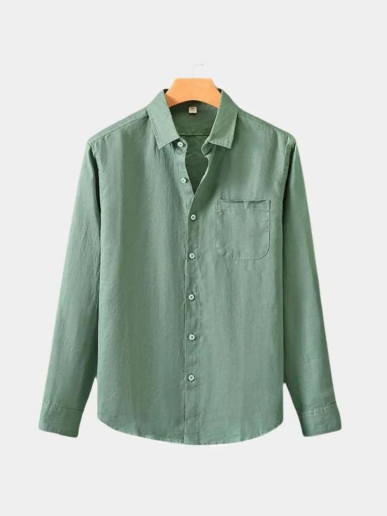 Montaracrest long-sleeve essential linen shirt with a classic collar and button-up front, displayed on a neutral background.