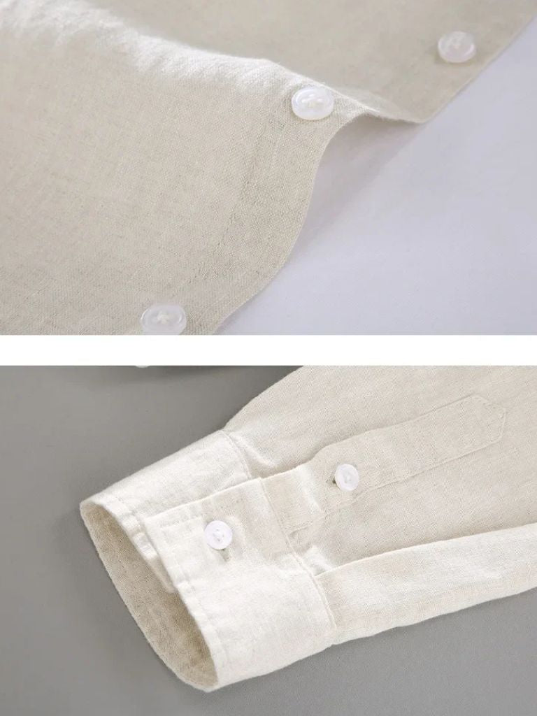Montaracrest long-sleeve linen shirt with a simple, elegant design, featuring a classic collar and button-front closure.