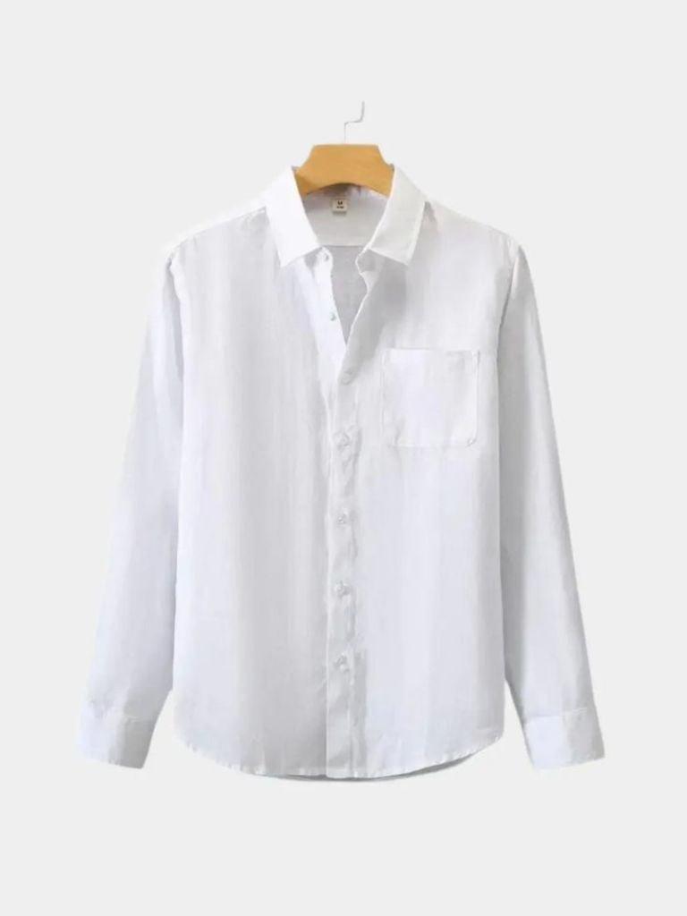 Montaracrest long-sleeve linen shirt with a classic design, featuring a collar and button-down front in a natural linen fabric.