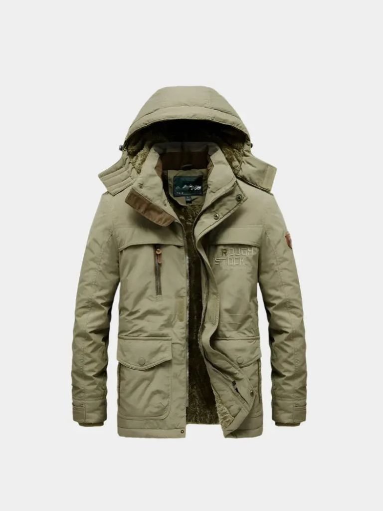 Military-style hooded jacket by Montaracrest with a cross crown emblem, featuring a rugged design and adjustable hood.