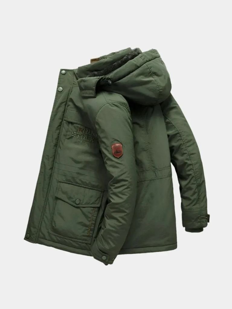 Montaracrest military-style hooded jacket with cross crown design, featuring a rugged, tactical look and durable fabric.