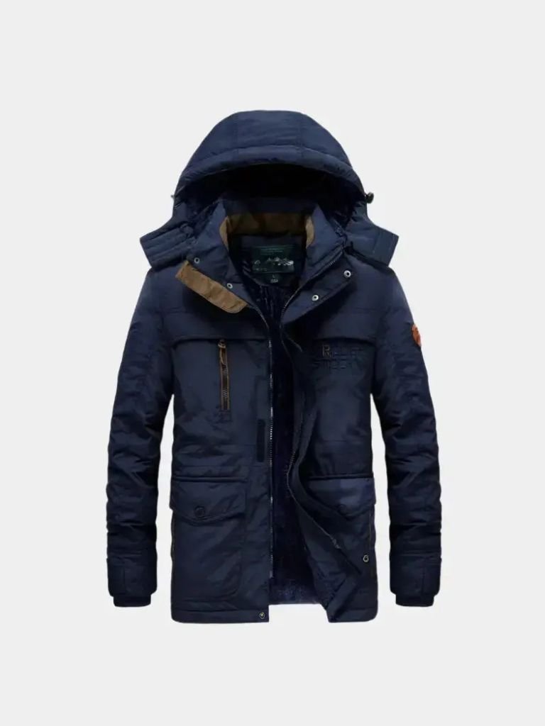 Montaracrest military-style hooded jacket with cross crown design, featuring a rugged fabric and adjustable hood.