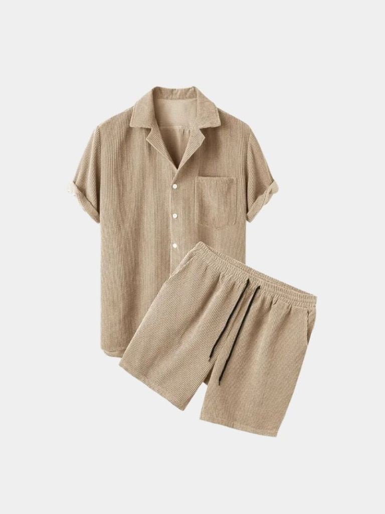 Montaracrest summer corduroy set with shorts and shirt, featuring a minimalist design and cross crown details.