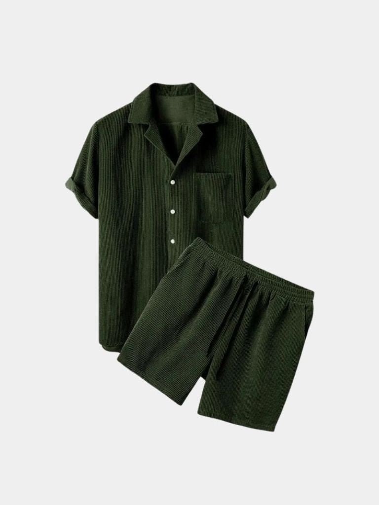Minimalist velvety corduroy summer set by Montaracrest with shorts and a button-up shirt, featuring a subtle cross crown detail.