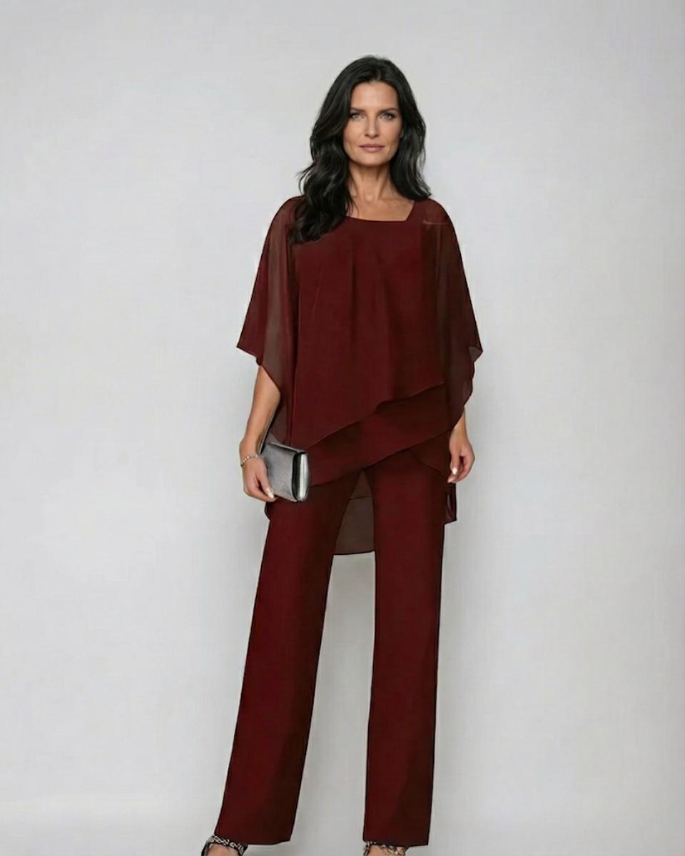 Mariella two-piece flowing jumpsuit by Montaracrest, made from a stylish, lightweight fabric with a relaxed fit.