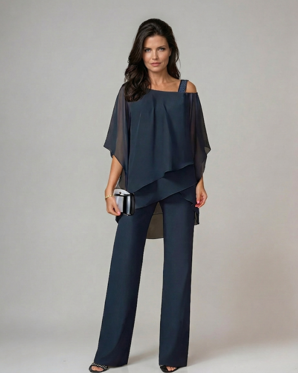 Mariella two-piece flowing jumpsuit by Montaracrest, featuring a stylish, comfortable design in vibrant fabric.