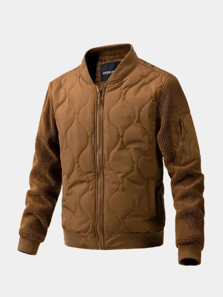 Montaracrest padded bomber jacket with Sherpa sleeves, stylish and warm outerwear for cold weather.