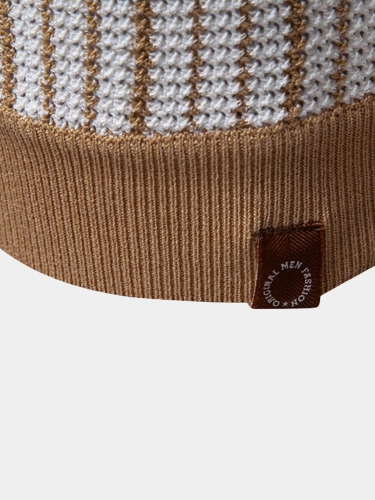 Striped-knit polo shirt by Montaracrest featuring a cross crown logo, showcasing a stylish, crafted design.