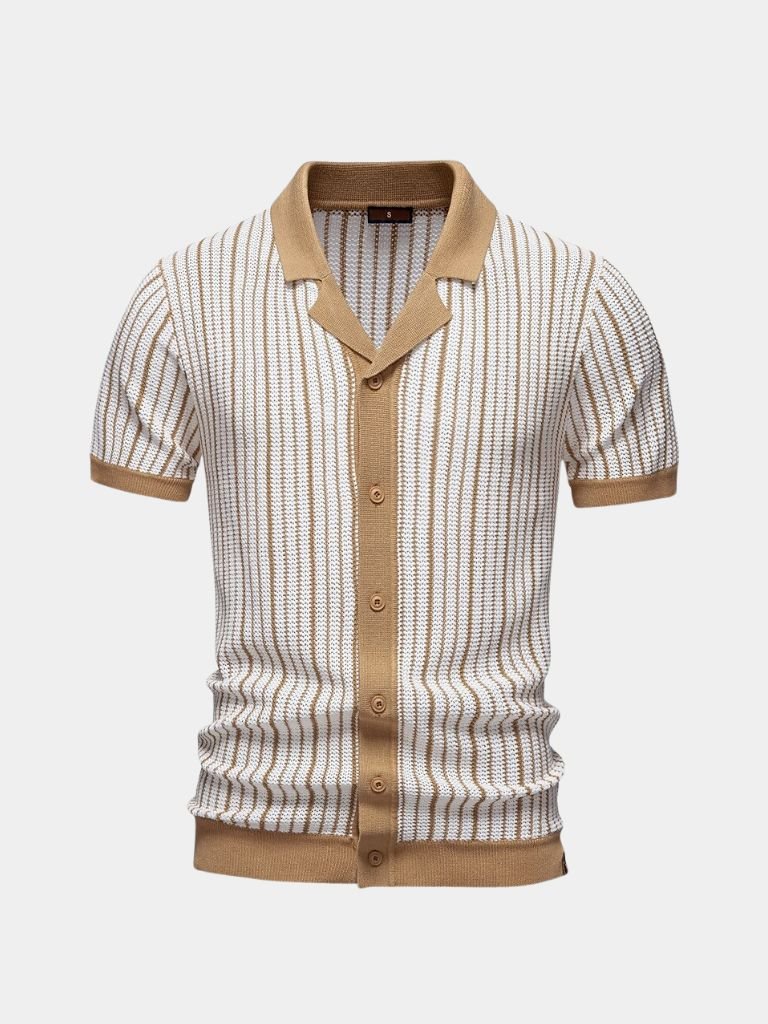 Striped-knit polo shirt by Montaracrest featuring a classic collar and cross crown logo, made with textured fabric.