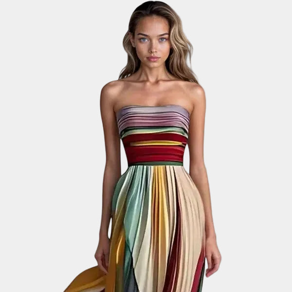 Montaracrest Asia long casual dress made of flowing fabric, set against a sunset breeze backdrop—elegant and comfortable for everyday wear.