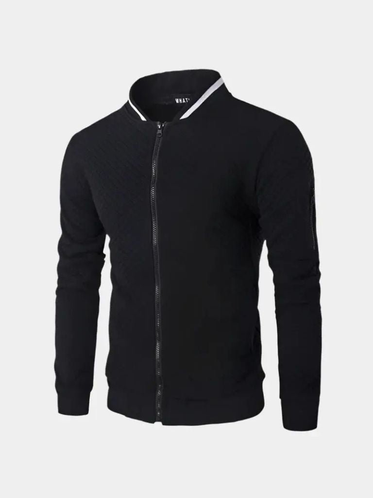 Textured casual bomber jacket by Montaracrest, structured style with cross crown design, shown on a model.