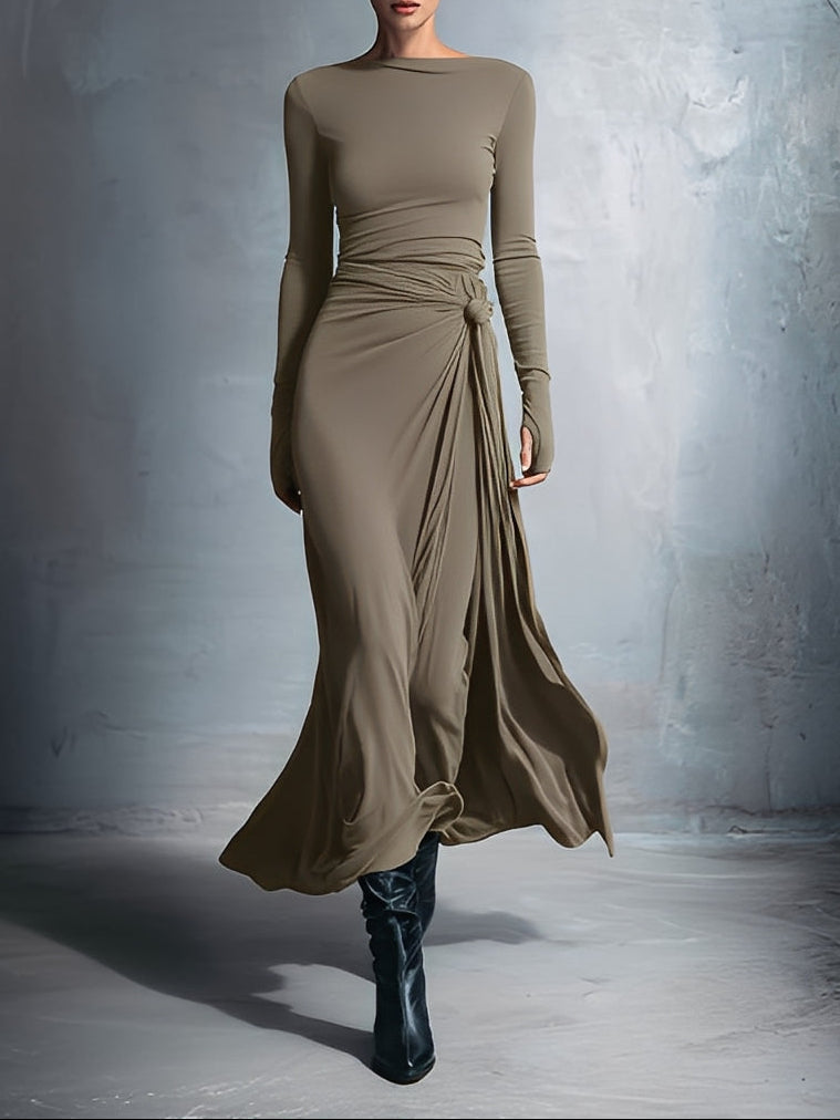 Montaracrest Vittoria maxi dress with side knot detail, flowing fabric and elegant design for stylish occasions.